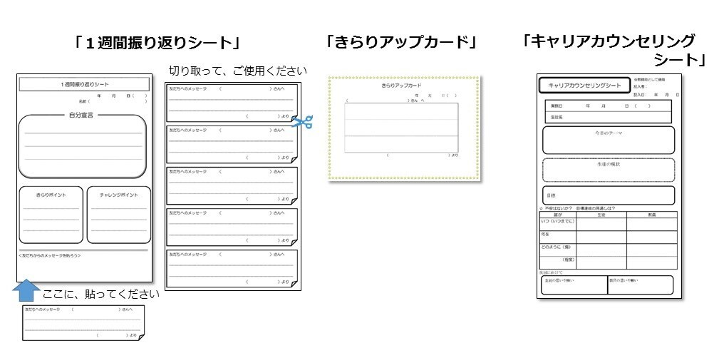 「１週間振り返りシート」「きらりアップカード」「キャリアカウンセリングシート」イメージ